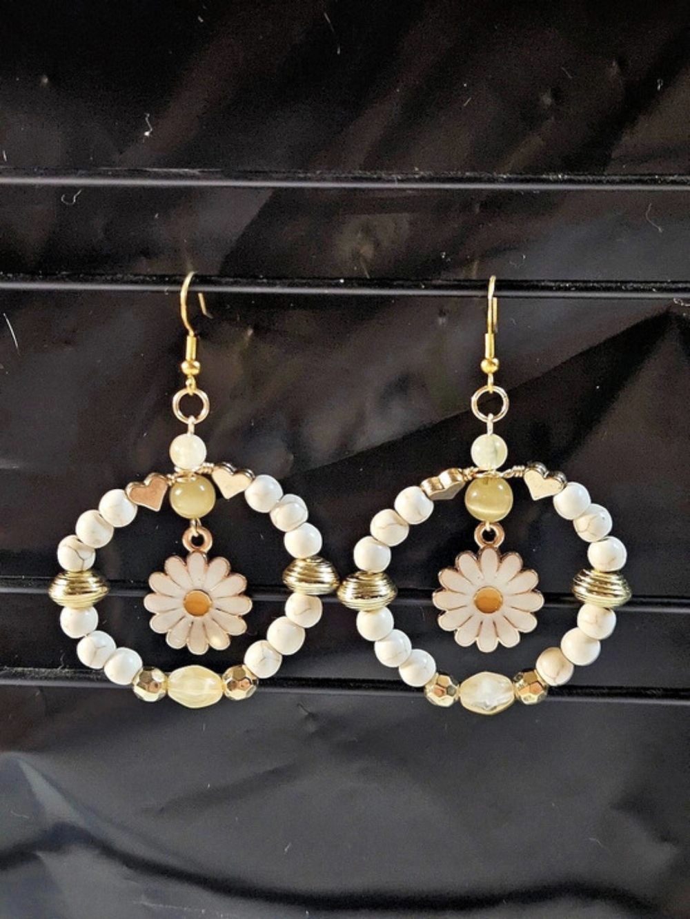 Floral Beaded Drop Earrings in White & Gold | New | Handmade